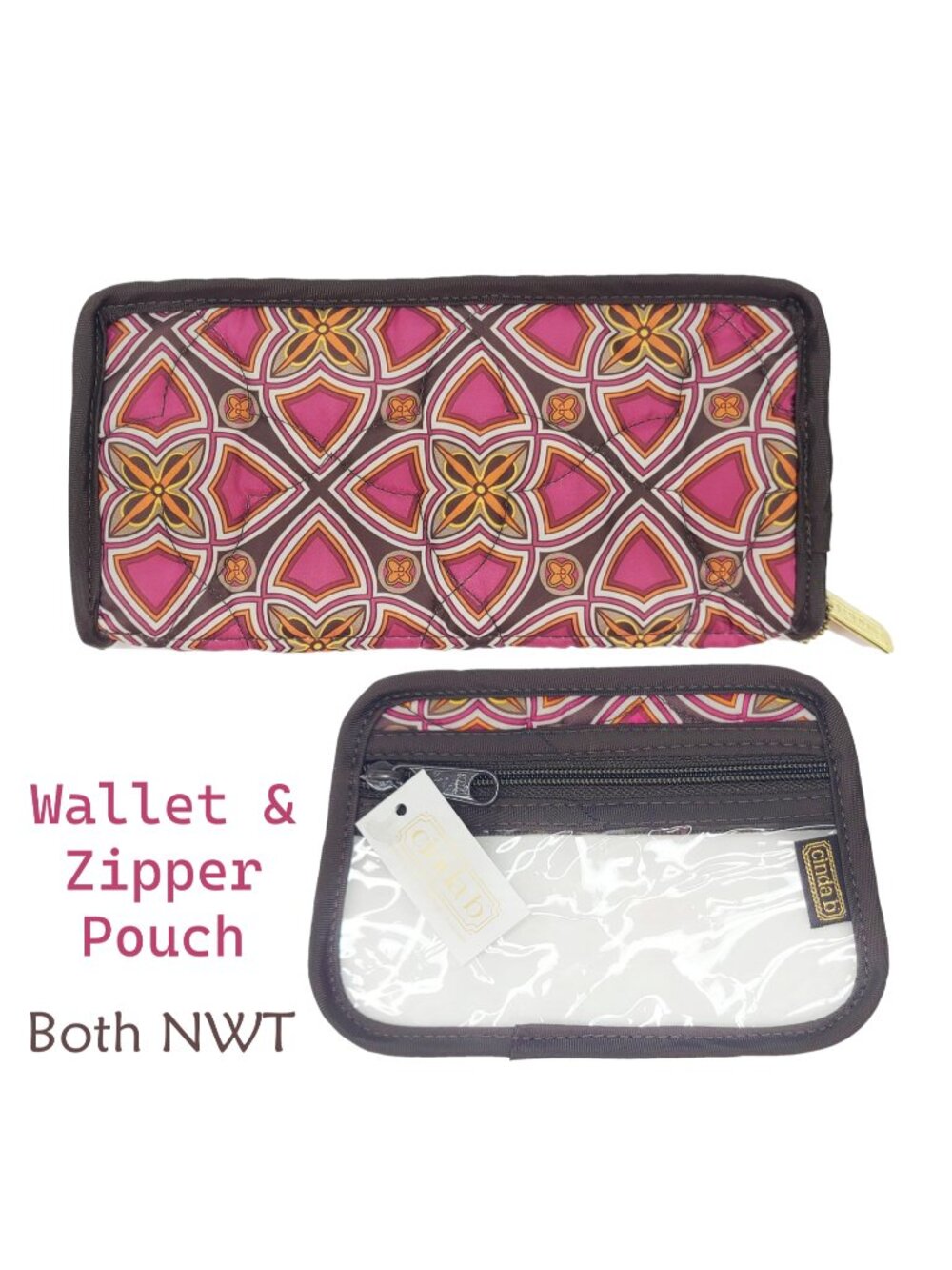 Cinda B NWT Zip Around Wallet and Clear Zip Pouch Stained Glass Nylon Light